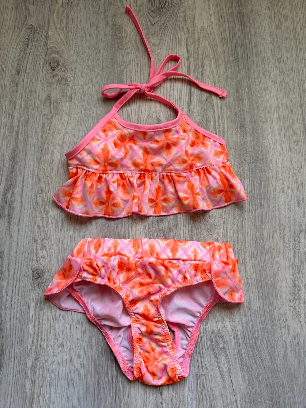 Pet/Puppy Small Dog - Pink & Orange Tie-Dye Ruffle Two-Piece Swim Set - size XS